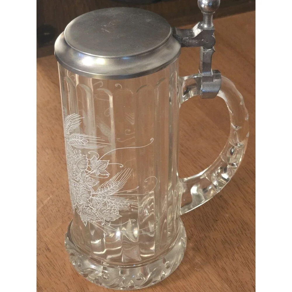 Vintage Rastal West Germany Cut Glass Beer Stein Pewter Lid Etched Hops Wheat...